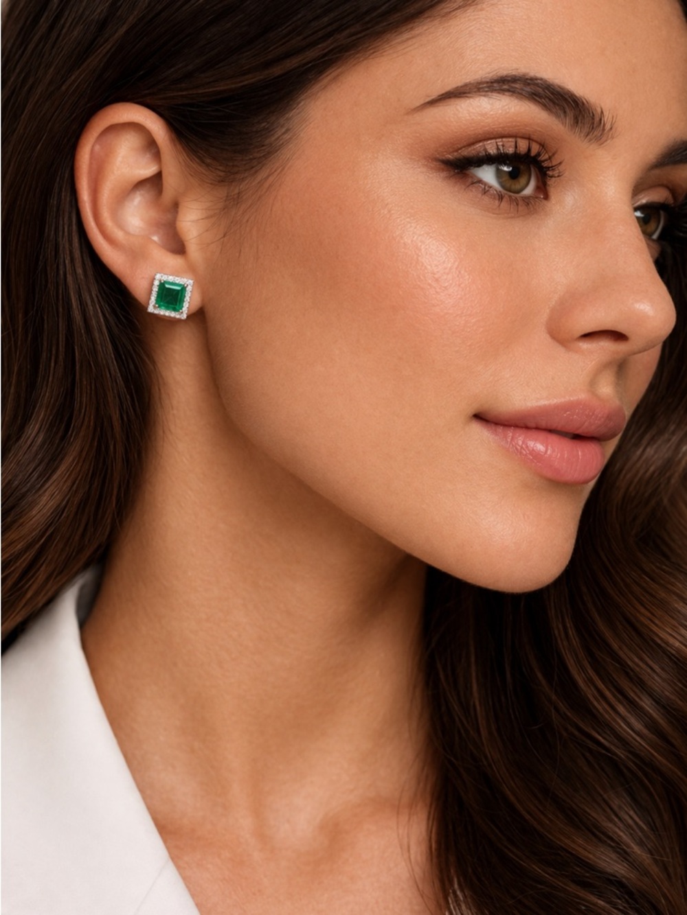 Emerald Square Halo Stud Earrings - Green